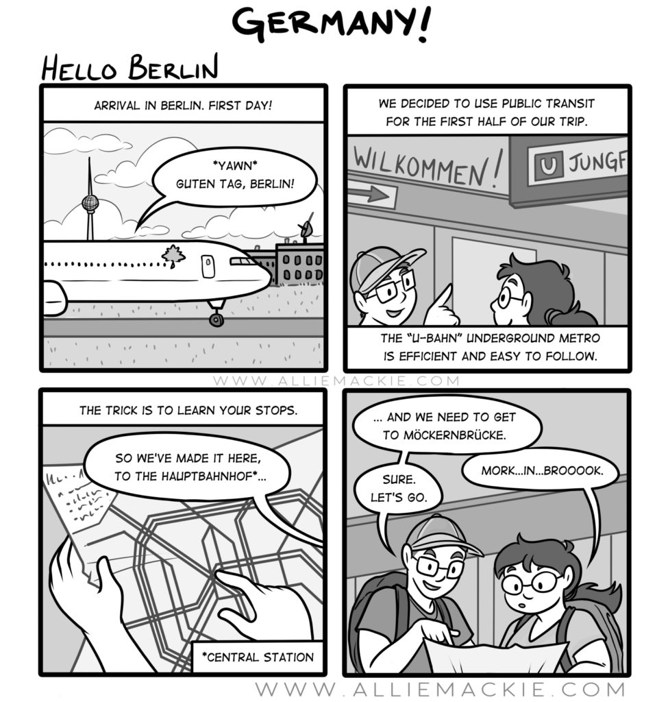 Comic about the arrival of Allie and her boyfriend in Berlin. Where is the Hauptbahnhof. They look at the U-Bahn schedule and find a lot of funky German names.